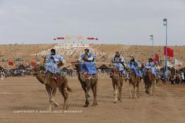 Image du Maroc Professionnelle de  Des hommes du désert s’apprêtent à une course de chameaux organisé dans un site désertique sur lequel la ville de Tan Tan a toujours accueilli la majorité des tribus et des grandes familles nomades du désert lors d'un grand Moussem, Samedi 7 Septembre 2013. Le festival parrainé par l'UNESCO rassemble des milliers de nomades du Maroc. (Photo / Abdeljalil Bounhar) 